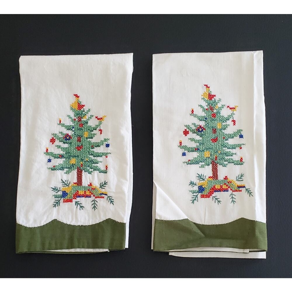 Vtg Lillian Vernon Tea Towels Hand Cross Stitched Christmas Tree Set of 2 Cotton